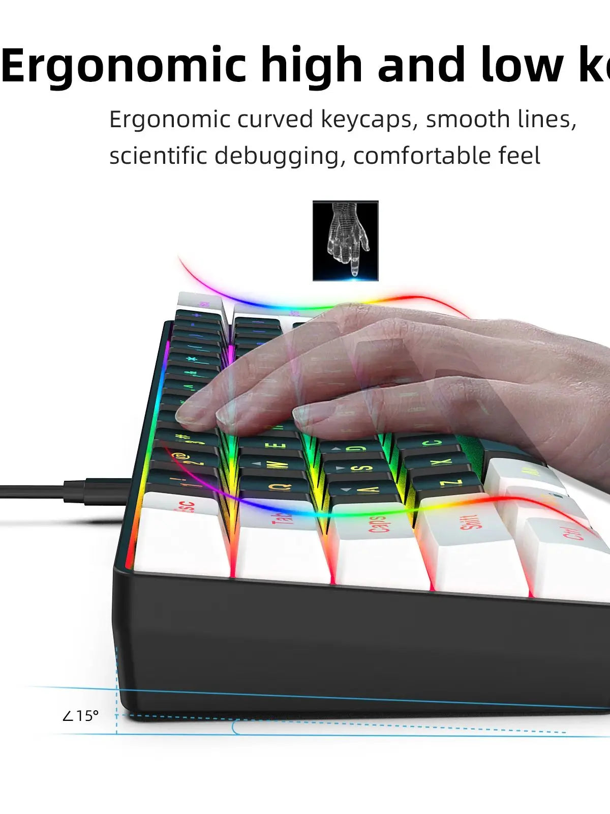 HXSJ-60% Juego de teclado y ratón retroiluminado RGB, teclado con cable de 61 teclas, ratón inalámbrico óptico para juegos de 3 modos para ordenador portátil y PC