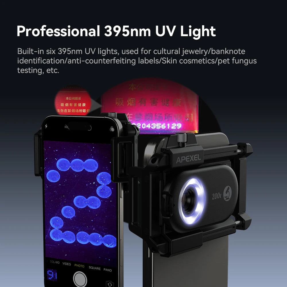 Lente Microscopio APEXEL 100X-200X 3en1 para Teléfono con LED
