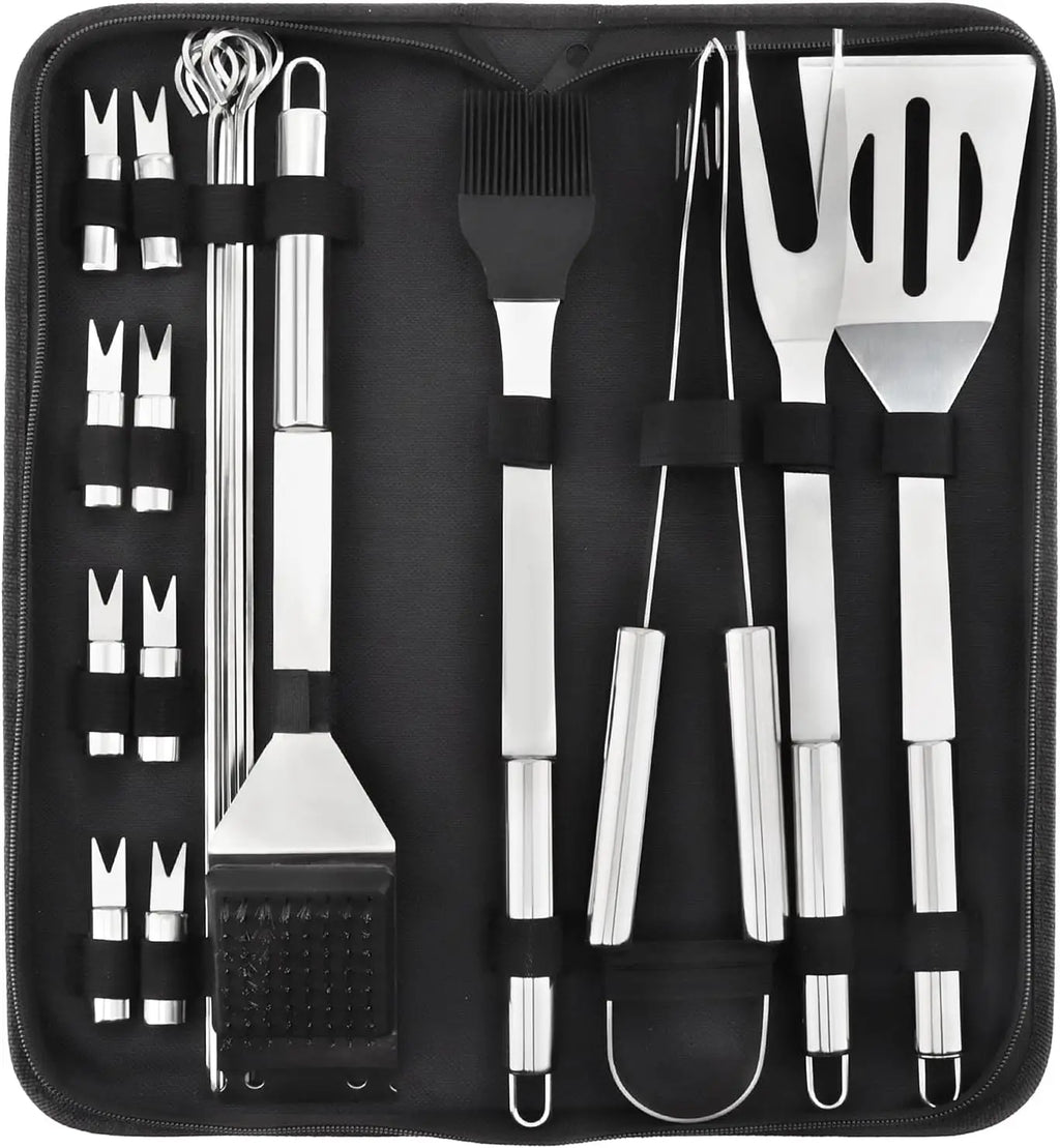 LMETJMA Juego de accesorios para parrilla de barbacoa, kit de utensilios de acero inoxidable para barbacoa con estuche, kit de utensilios prácticos portátiles para parrilla