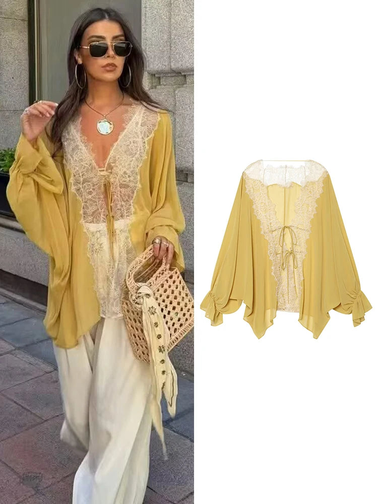 Blusa Elegante con Encaje y Manga Larga para Mujer