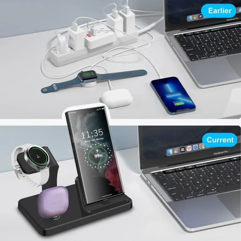 Base de Carga Inalámbrica 3 en 1 de 15W para Samsung S26 S25 S24 Galaxy Watch 8/7/6/5/4 Buds Pro4/3 con Puerto Tipo C, Estación de Carga Rápida