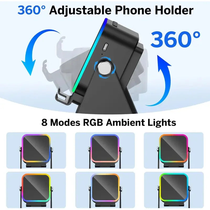 NUEVO Altavoz Inalámbrico de Inducción Automática 5 en 1 con 8 Modos de Luz RGB, Soporte para Teléfono, Sonido Envolvente, Soporte Portátil para Teléfono con Bluetooth