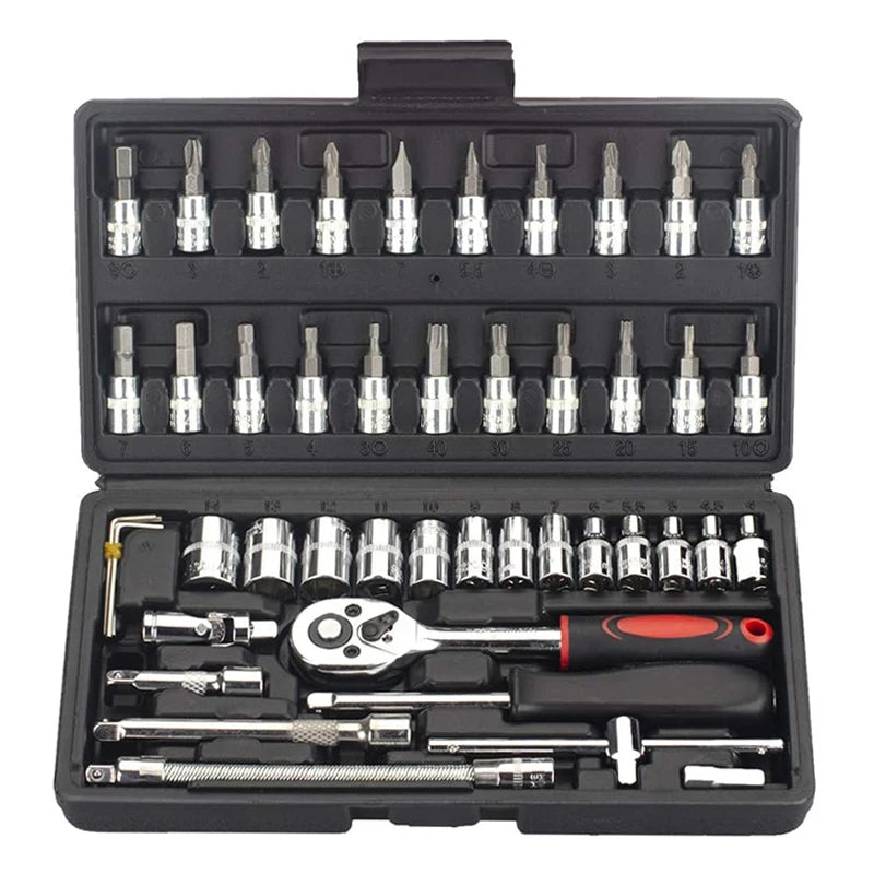 FOCSE Juego de llaves de trinquete con casquillo de accionamiento de 46 piezas de 1/4 pulgadas, con juego de casquillos, barra métrica y de extensión para reparación de automóviles