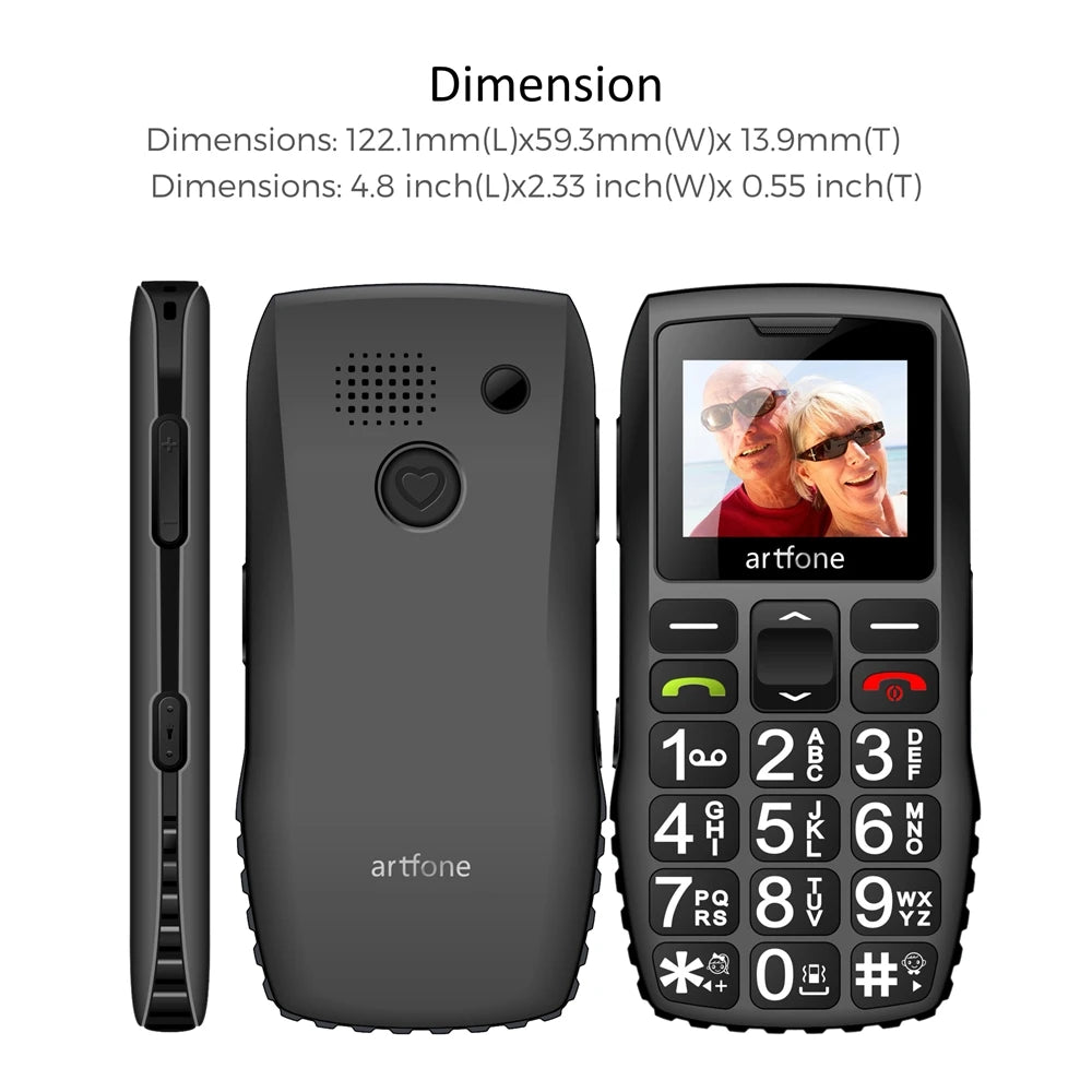 Teléfono móvil para personas mayores Artfone C1+ con base de carga gratuita, teclado grande de goma, para personas mayores, doble SIM, botón SOS, FM, 1400 mAh