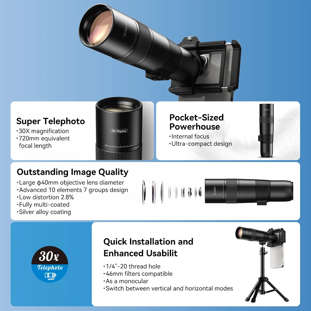 APEXEL Teleobjetivo Monocular 30x con Trípode para Teléfono