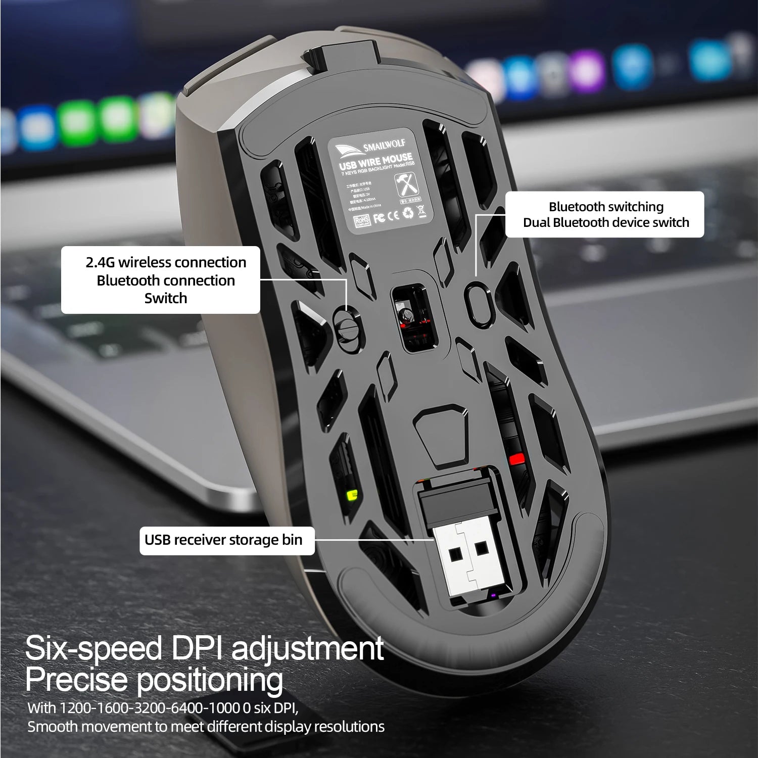 SmailWolf RS8 Bluetooth inalámbrico 2,4g ratón para juegos triple modo ligero e-sports gaming 1K tasa de retorno 10000DPI ordenador