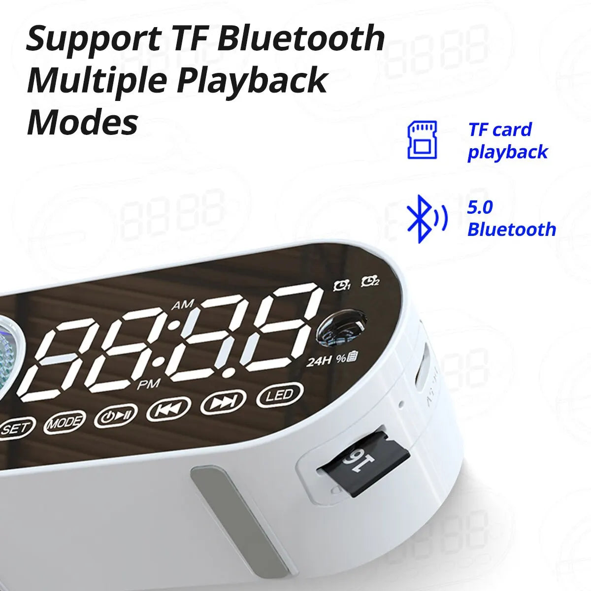 Radio Reloj Despertador Recargable USB, Altavoz Bluetooth Portátil RGB, FM, Pantalla Grande, Silencioso, Espejo Digital, para Dormitorio, Oficina, Escritorio