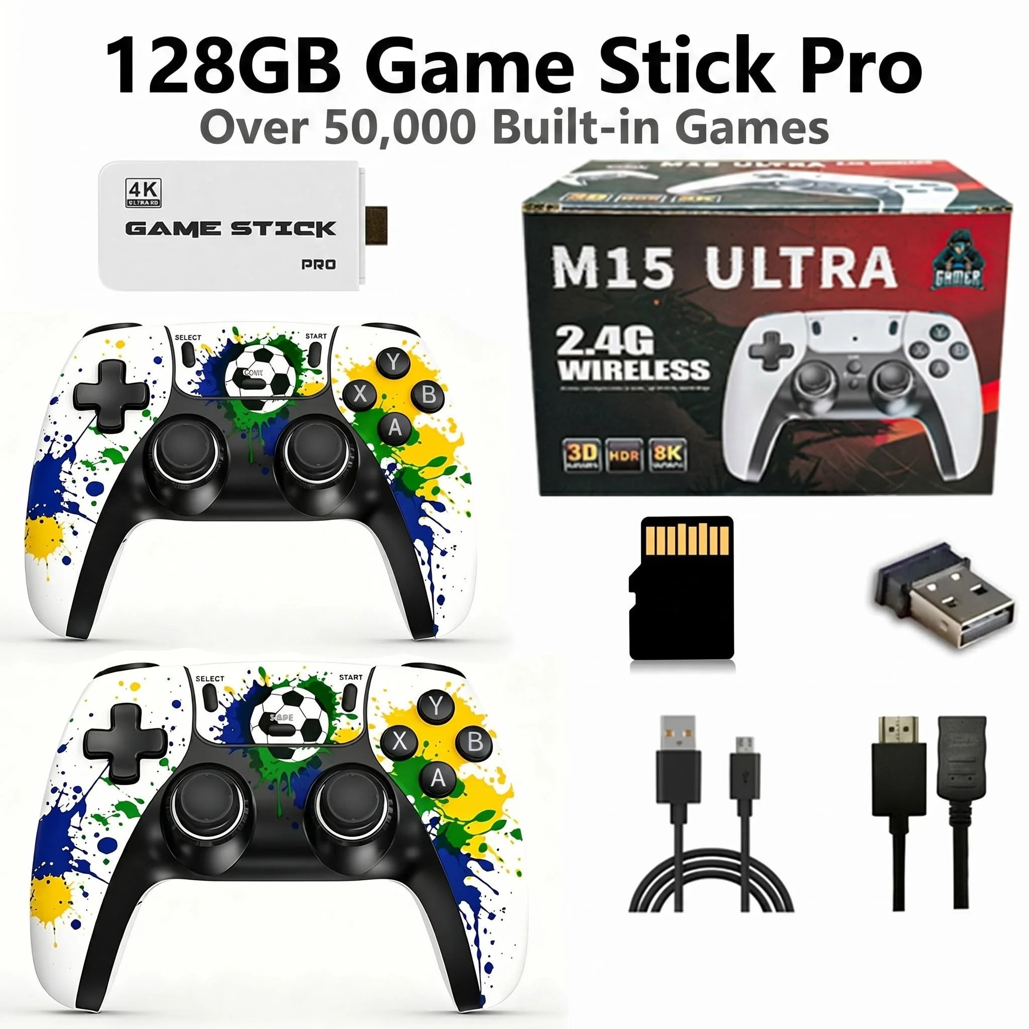 Consola retro 4K HDMI con 64 GB/128 GB, más de 50 000 juegos, mandos inalámbricos duales de 2,4 G, Plug and Play, compatible con PS1, Sega Arcade, GBA, MD, TV doméstica, 2 jugadores, ideal para familias y niños.