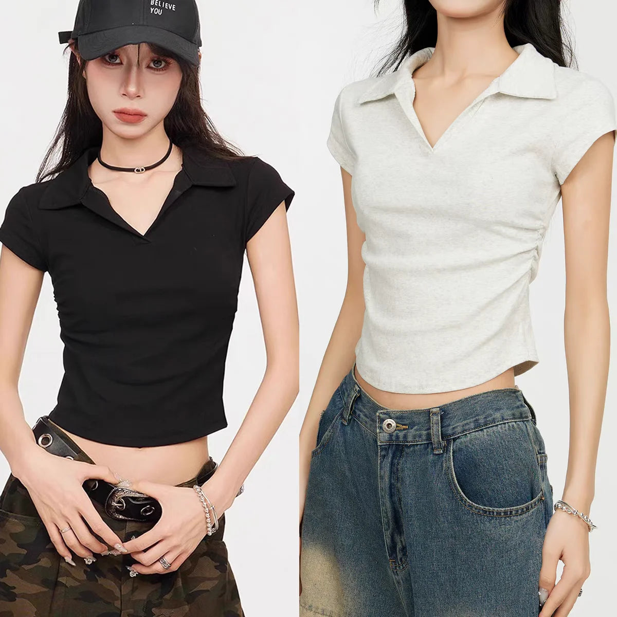 Camiseta Básica Corta Ajustada de Algodón para Mujer