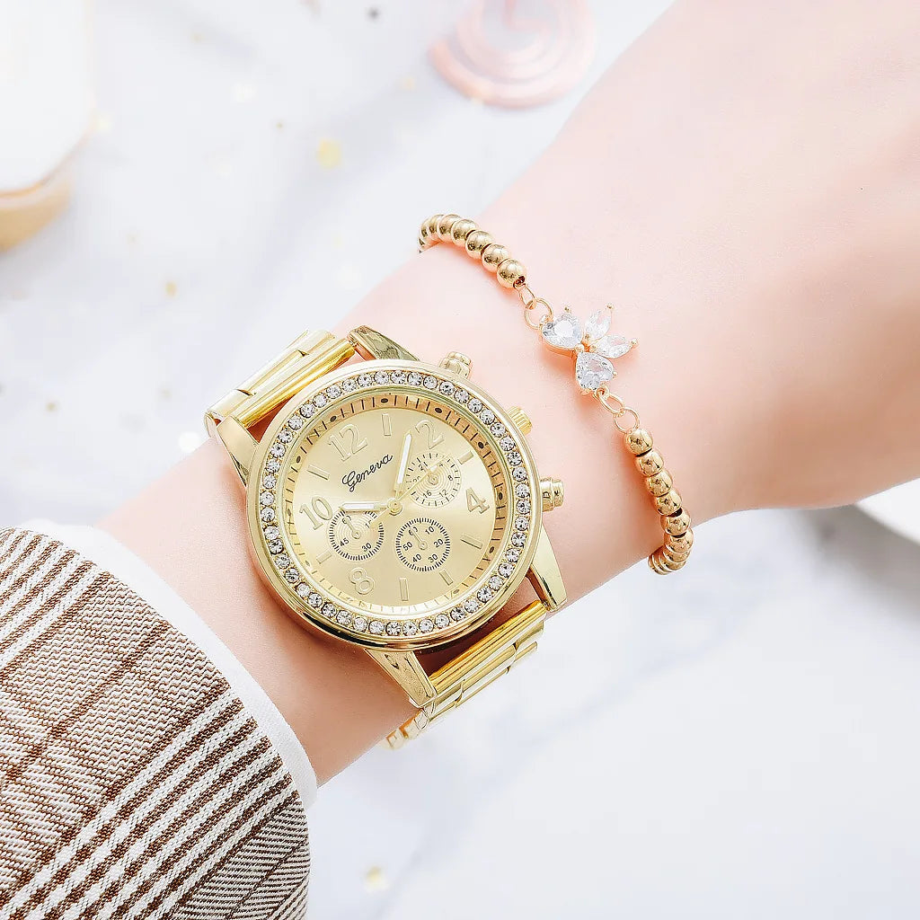 Reloj dorado para mujer Geneva, reloj clásico de acero inoxidable para mujer, relojes de cuarzo con diamantes de imitación a la moda, reloj de pulsera para mujer y niña