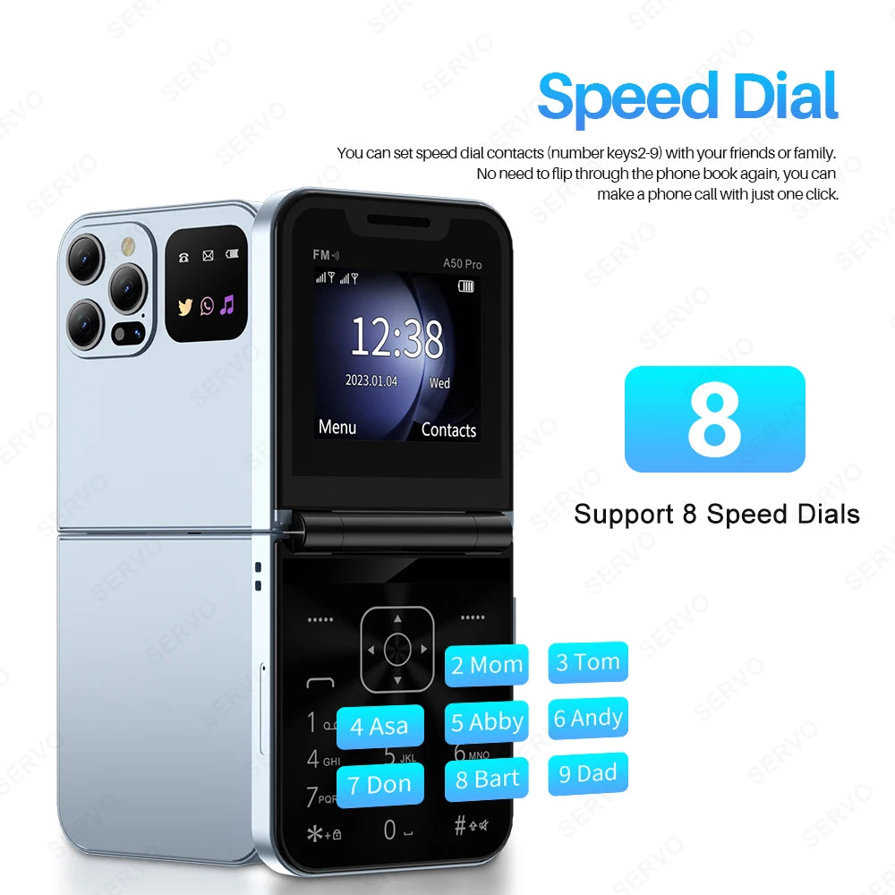 SERVO A50 PRO Teléfono móvil con tapa, pantalla de 2,4 ", marcación rápida, grabación de llamadas, lista negra, 2 tarjetas SIM, teléfonos móviles plegables desbloqueados, nueva versión