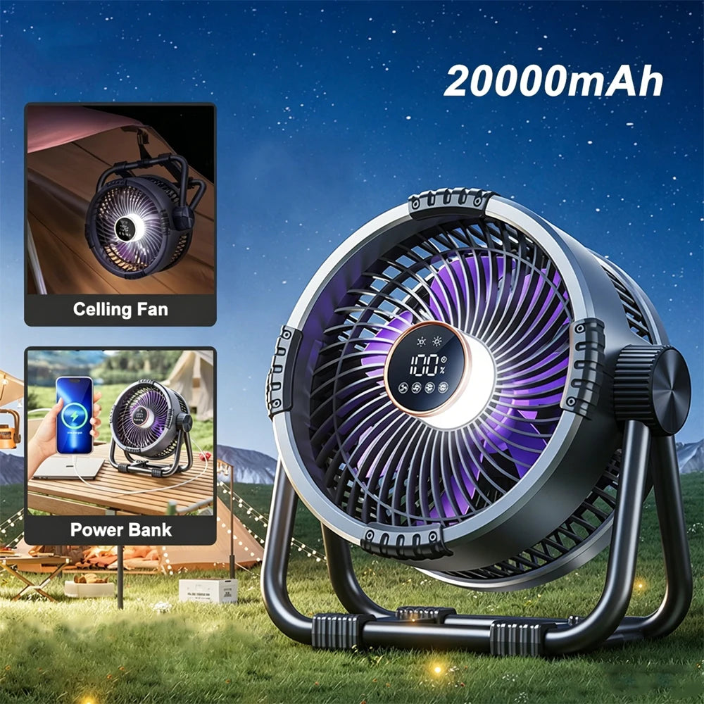 Ventilador de Camping Portátil Recargable con Luz LED