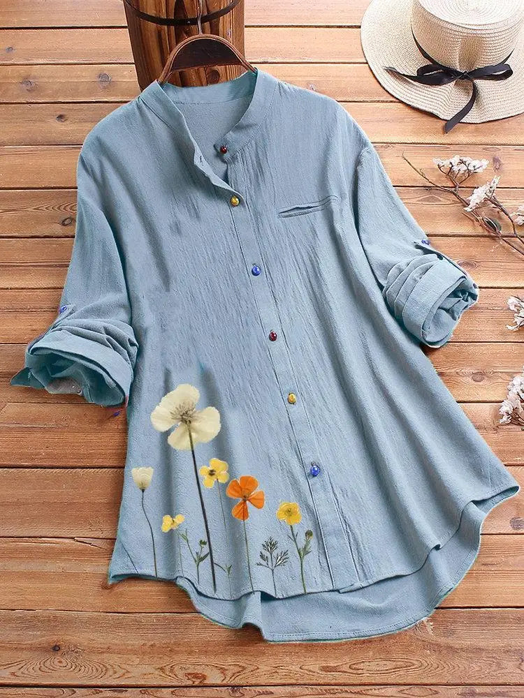 Camisa de Cuello Redondo con Botones y Estampado Floral