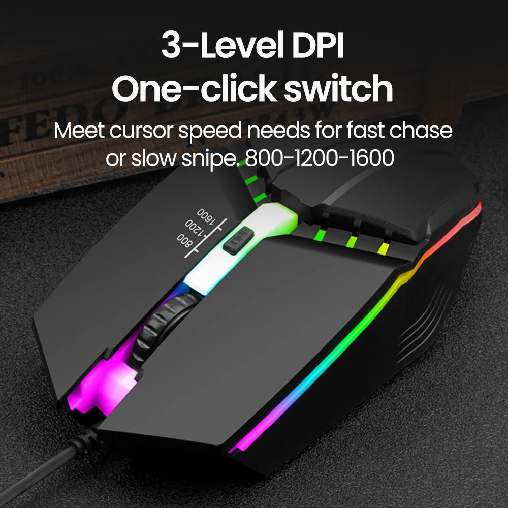 Ratones USB silenciosos con retroiluminación RGB, ratón para juegos con cable USB para PC de escritorio, portátil, ordenador, hogar y oficina, LED luminoso de 1600DPI