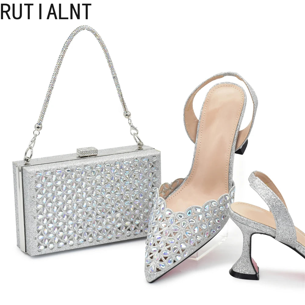 Zapatos y bolso de Color plateado para fiesta, boda, conjunto de zapatos y Bolsa de lujo para mujer, para fiesta de Nigeria, Italia, zapatos de tacón elegantes para mujer