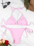 Conjunto de Bikini de Color sólido con Tanga para mujer, traje de baño Sexy con lazo Halter lateral, traje de baño brasileño ajustable con correa dividida, ropa de playa, 2 uds.