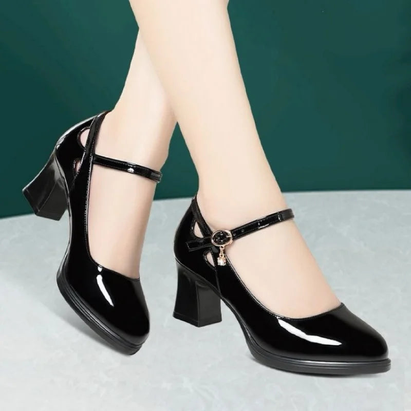 2025 Primavera/otoño Nuevos zapatos de tacón de trabajo profesionales negros para mujer - Zapatos de vestir de tacón medio con plataforma y correa, zapatos de oficina para madres