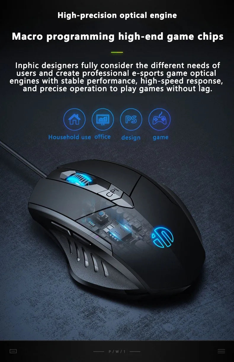 Ratón con cable Inphic W1, ratón para juegos Esports, ratón de oficina silencioso, tres teclas y seis teclas son opcionales