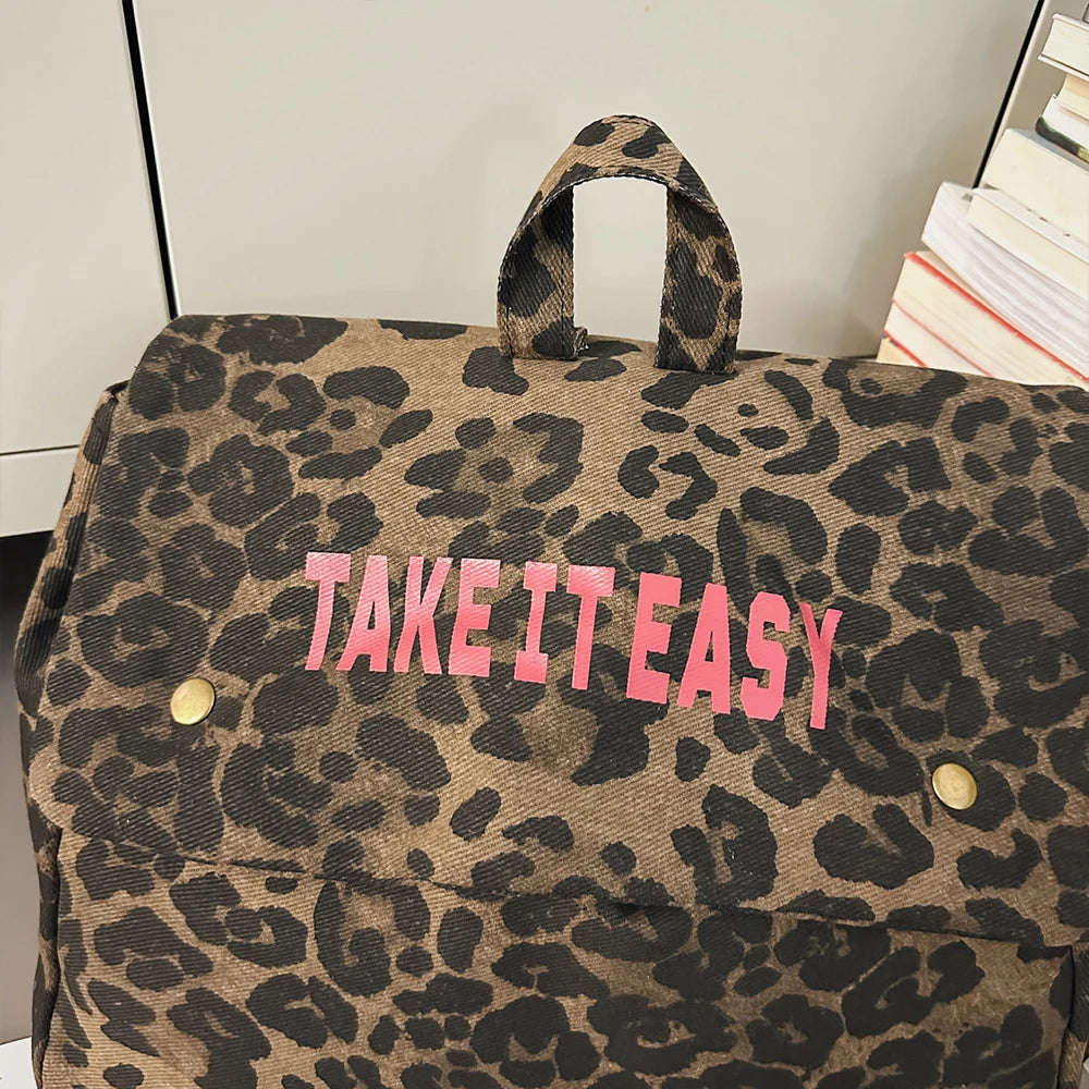 Mochila de Lona Estampado Leopardo Estilo Coreano 2025