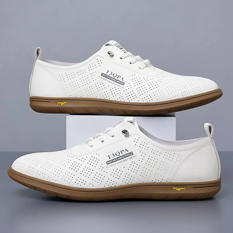 Zapatos de vestir mocásin para hombre, cuero blanco, decoración perforada