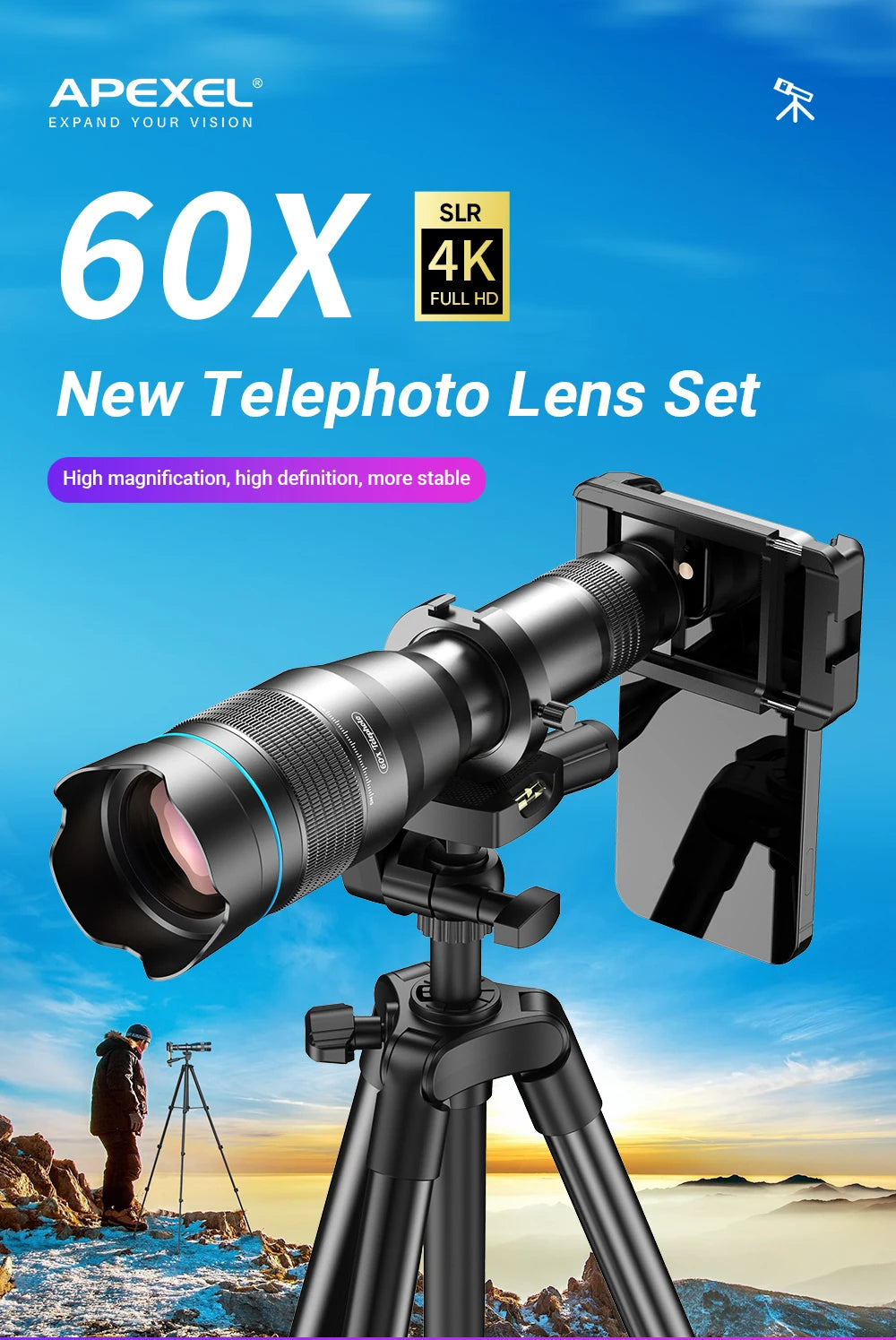Lente Telescópica 60X APEXEL con Trípode para Smartphones