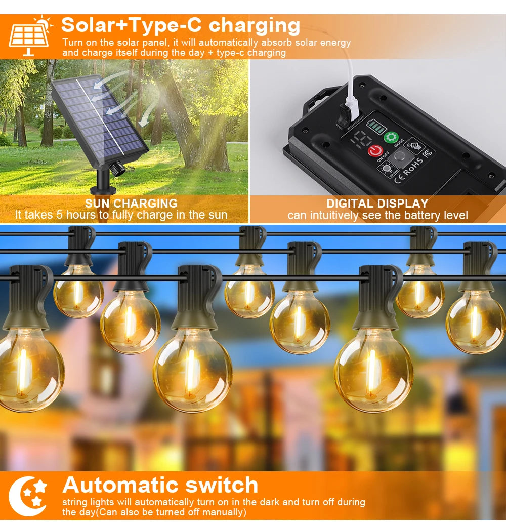 Guirnalda de Luces Solares G40 para Exteriores, Impermeable IP44, 7.6 a 30M