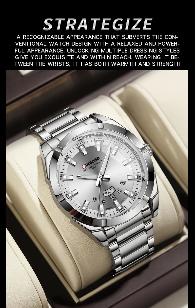 Reloj de Cuarzo BINBOND para Hombre Elegante Resistente al Agua