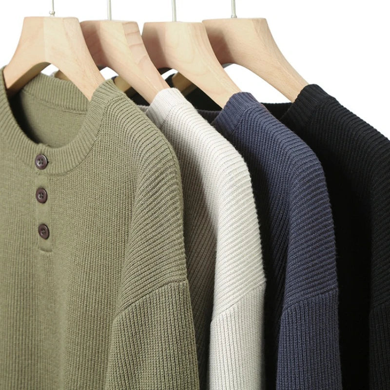 Suéter de punto Henley de peso pesado de 500 g para hombre - Beige (caqui/negro/gris/verde) Otoño Invierno esencial    Toque suave