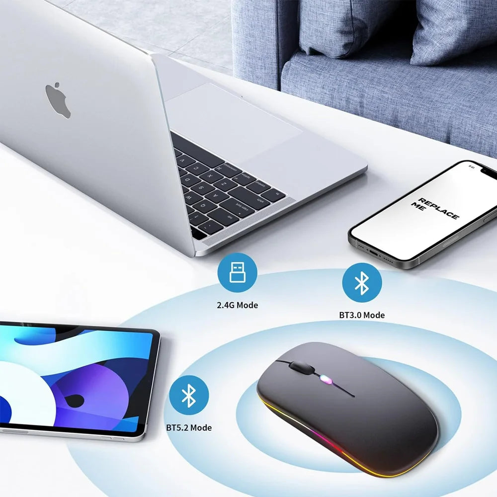 Ratón inalámbrico Bluetooth 2,4 GHz modos duales RGB recargable silencioso ratón inalámbrico delgado Compatible con PC iPad portátil PC ordenador