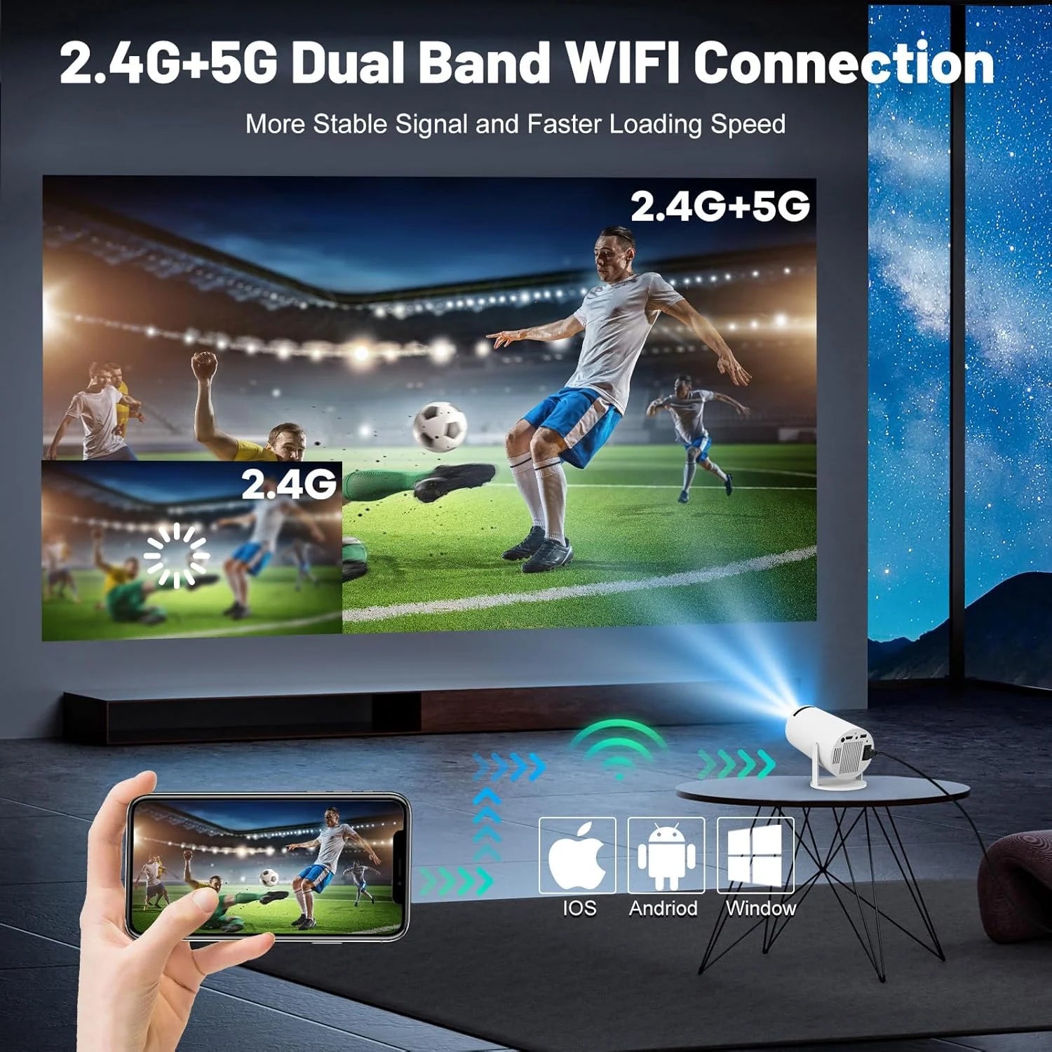 Mini Proyector XFY HY300 con WIFI 5G y Bluetooth, Compatible con 4K 1080P, Proyector Portátil 180 °   Proyector Keystone Automático Giratorio