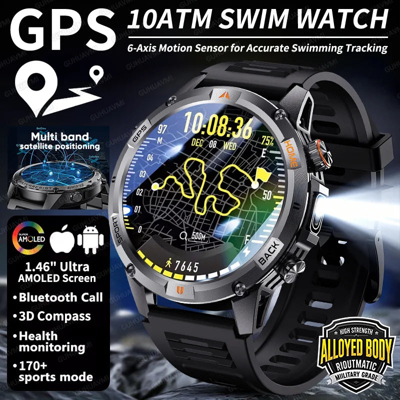 2026 nuevo reloj inteligente militar GPS para hombres construcción GPS linterna LED 10ATM impermeable ritmo cardíaco deporte BT llamada HD AMOLED Smartwatch