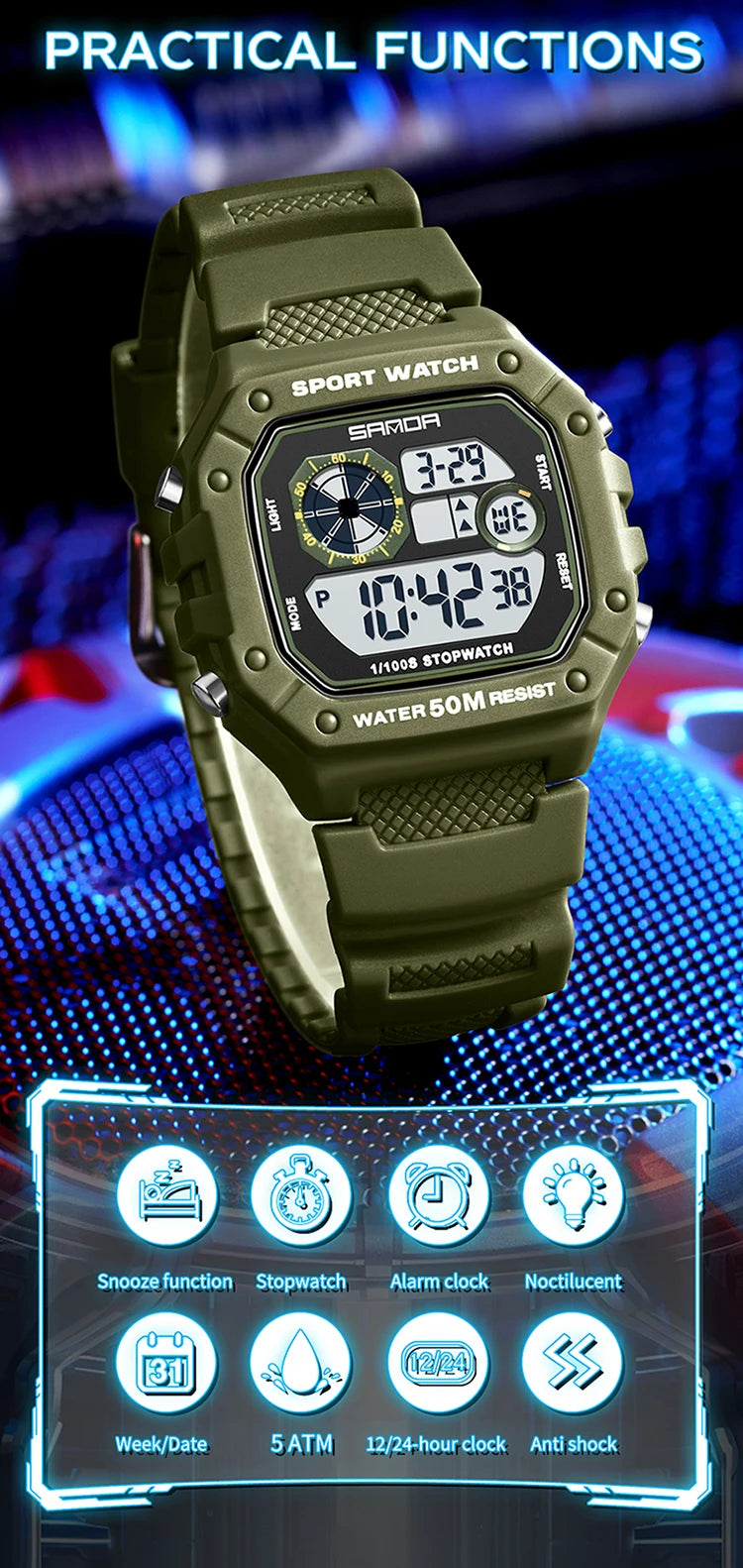 Reloj Digital SANDA 2202 para Hombre, LED Deportivo Impermeable 5 Bar