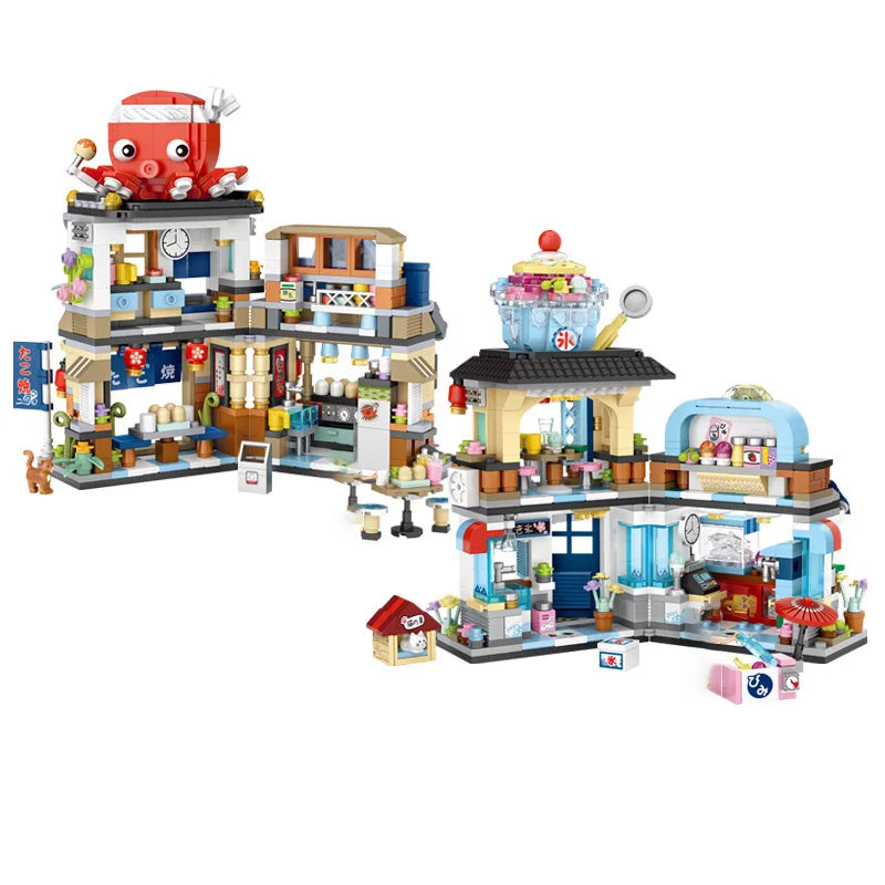 Bloques de Construcción LOZ-1219 Snack Street, Modelo DIY de Tienda de Té con Leche y Takoyaki, Decoración de Escritorio, Regalo Coleccionable para Adultos, Cumpleaños, Festividades
