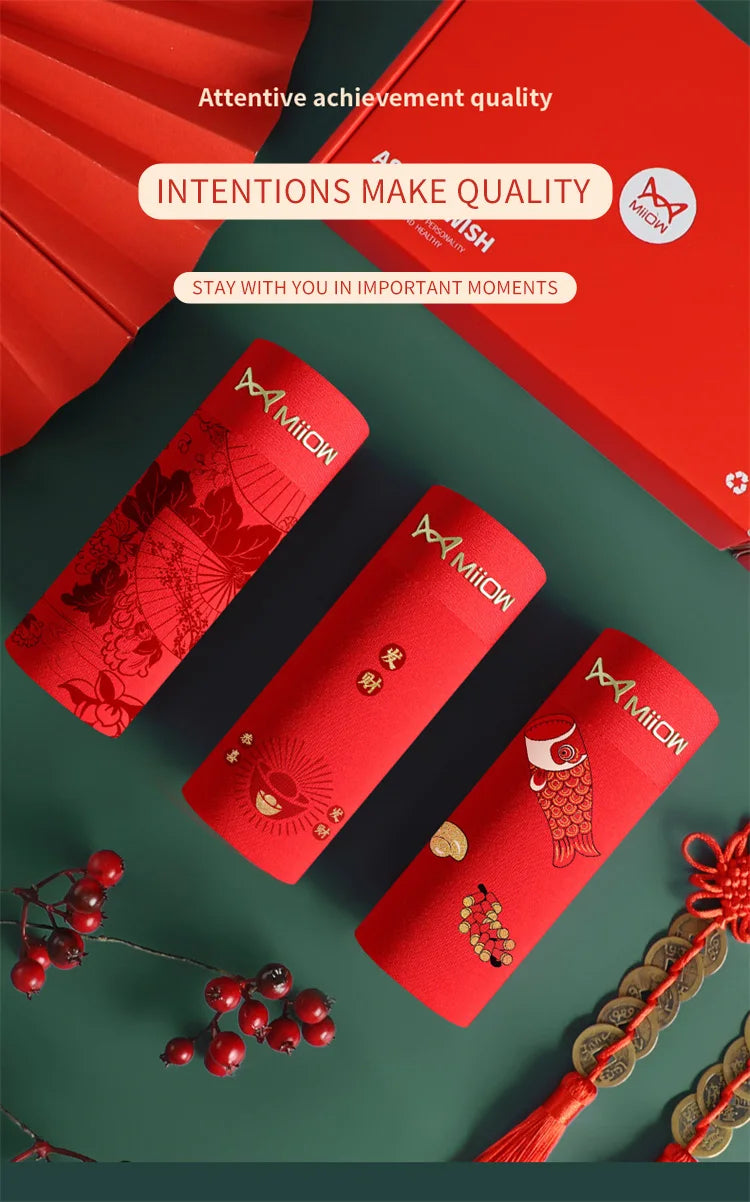 MiiOW-bóxer de algodón suave y transpirable para hombre, ropa interior masculina de 3 piezas, con estampado de la suerte