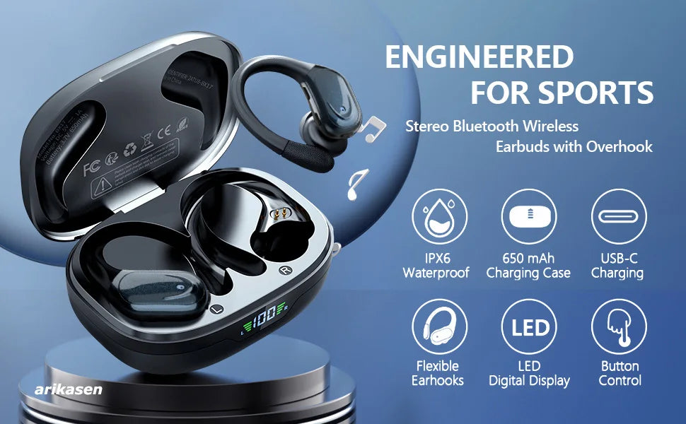 Auriculares inalámbricos deportivos Bluetooth 5,3 con micrófono con cancelación de ruido 75H estéreo HiFi sobre la oreja pantalla LED USB-C IPX6