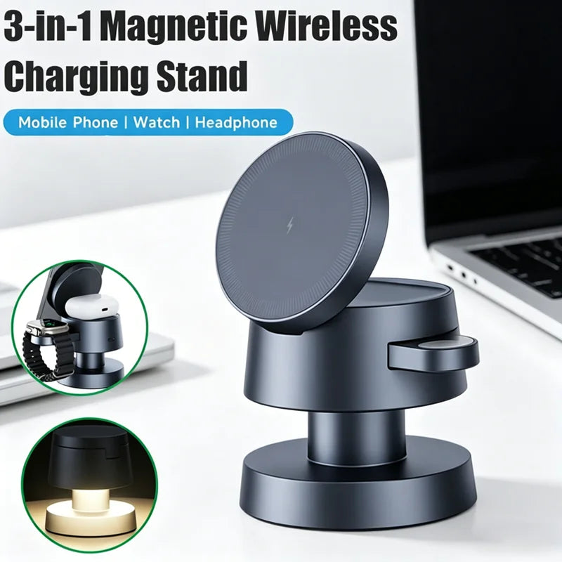 Cargador Inalámbrico Magnético de 15W con Luz Nocturna para Magsafe iPhone 17 16 Pro Max 15 14 13 12 Apple Watch 11 Airpods Pro Carga Rápida