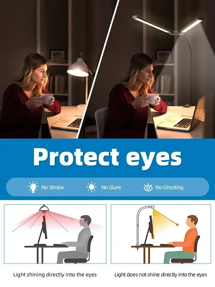 Lámpara de Escritorio LED de Doble Cabezal con Clip, Regulable, para Monitor de Computadora, Lámpara de Mesa para Arquitectos, para Oficina, Lectura
