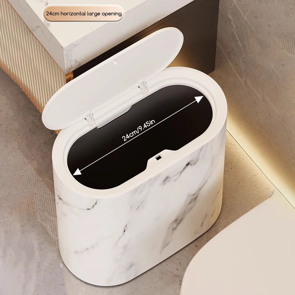 Cubo de basura delgado con tapa para baño y cocina, diseño mármol y madera