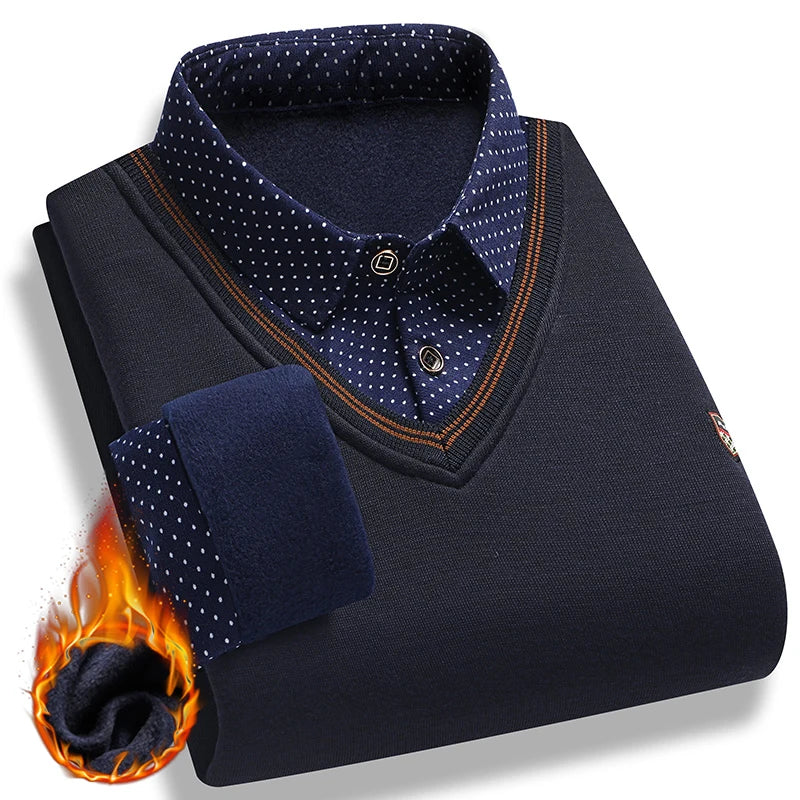 Suéter de felpa para hombre, jersey falso de dos piezas para otoño e invierno, Polo con cuello de lana, Top grueso y cálido, jerséis informales
