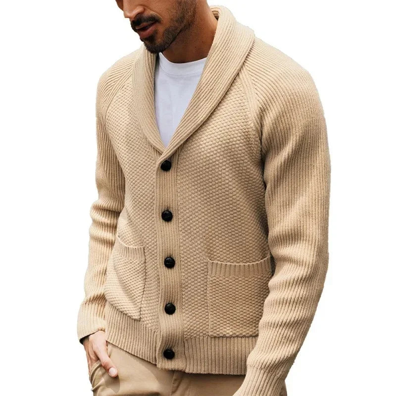 2025 Jersey nuevo de punto para hombre, cárdigan de manga larga con cuello abotonado y bolsillo, suéter informal de invierno para hombre