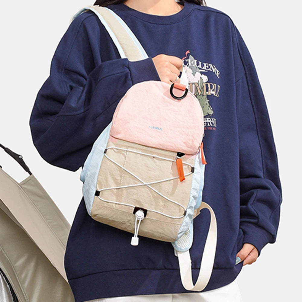Mini Mochila de Nailon con Bloques de Color, Mochila Ligera con Cordón Elástico, Bolsa Resistente para Senderismo y Uso Diario