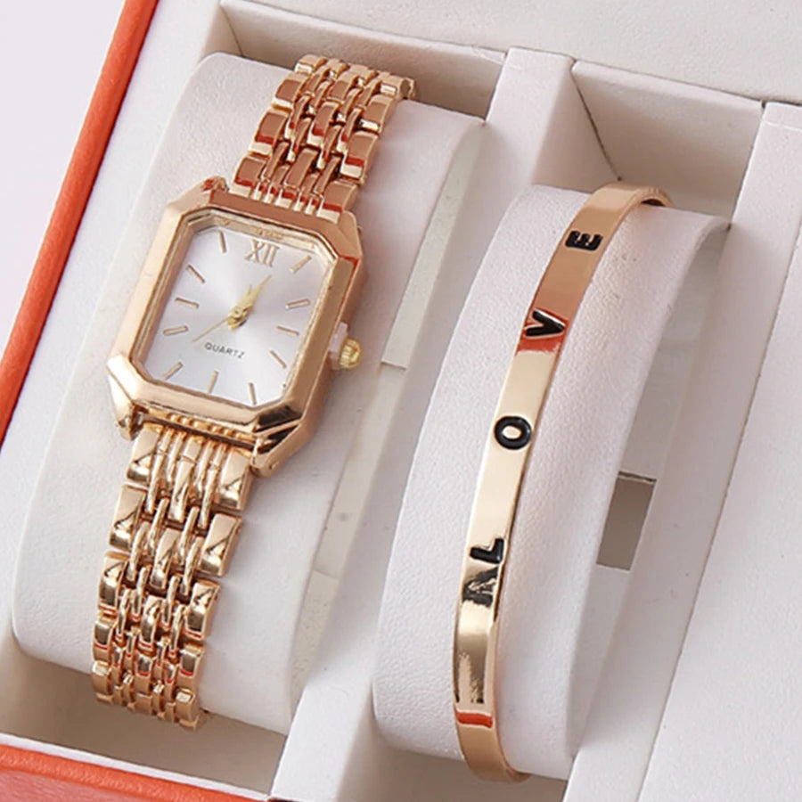 2 unids/set de reloj de cuarzo de lujo para mujer con pulsera de amor, conjunto de banda de aleación, relojes de pulsera de cuarzo para mujer de negocios, reloj femenino dorado