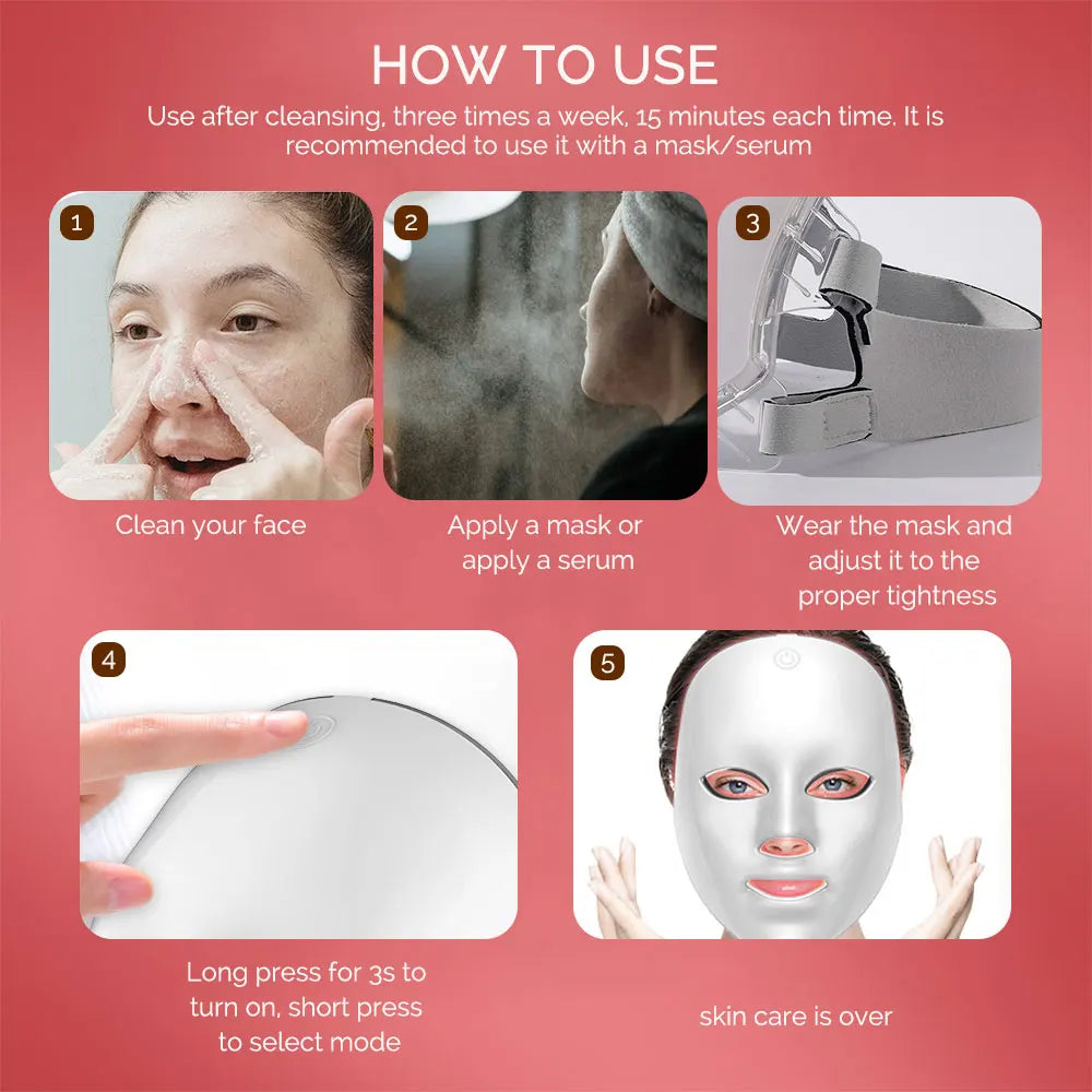 Máscara LED inalámbrica, máscara facial LED de 7 colores, máquina de máscara de belleza para rejuvenecimiento antienvejecimiento reafirmante de la piel con fotones