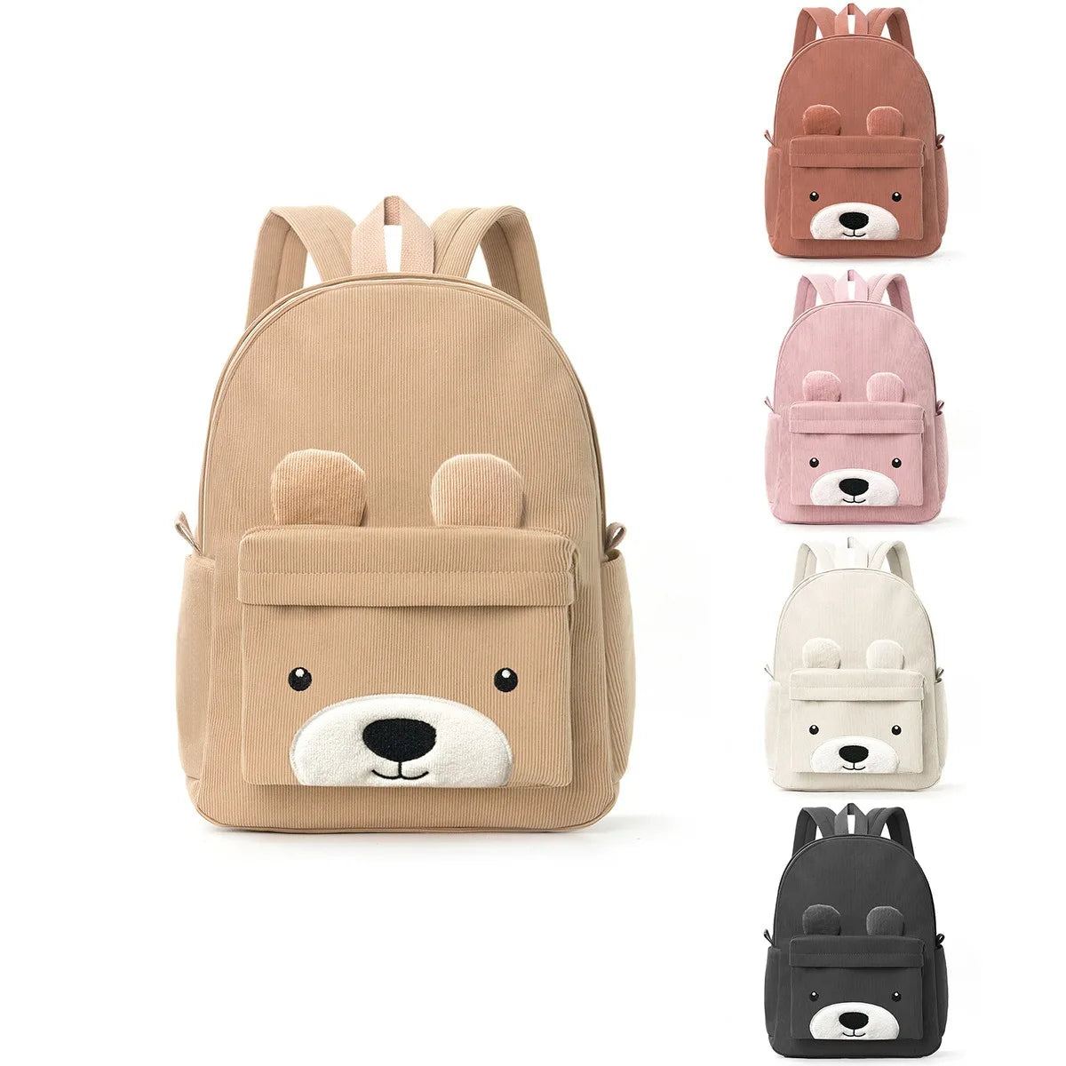 Mochila Infantil de Pana con Diseño de Oso de Gran Capacidad
