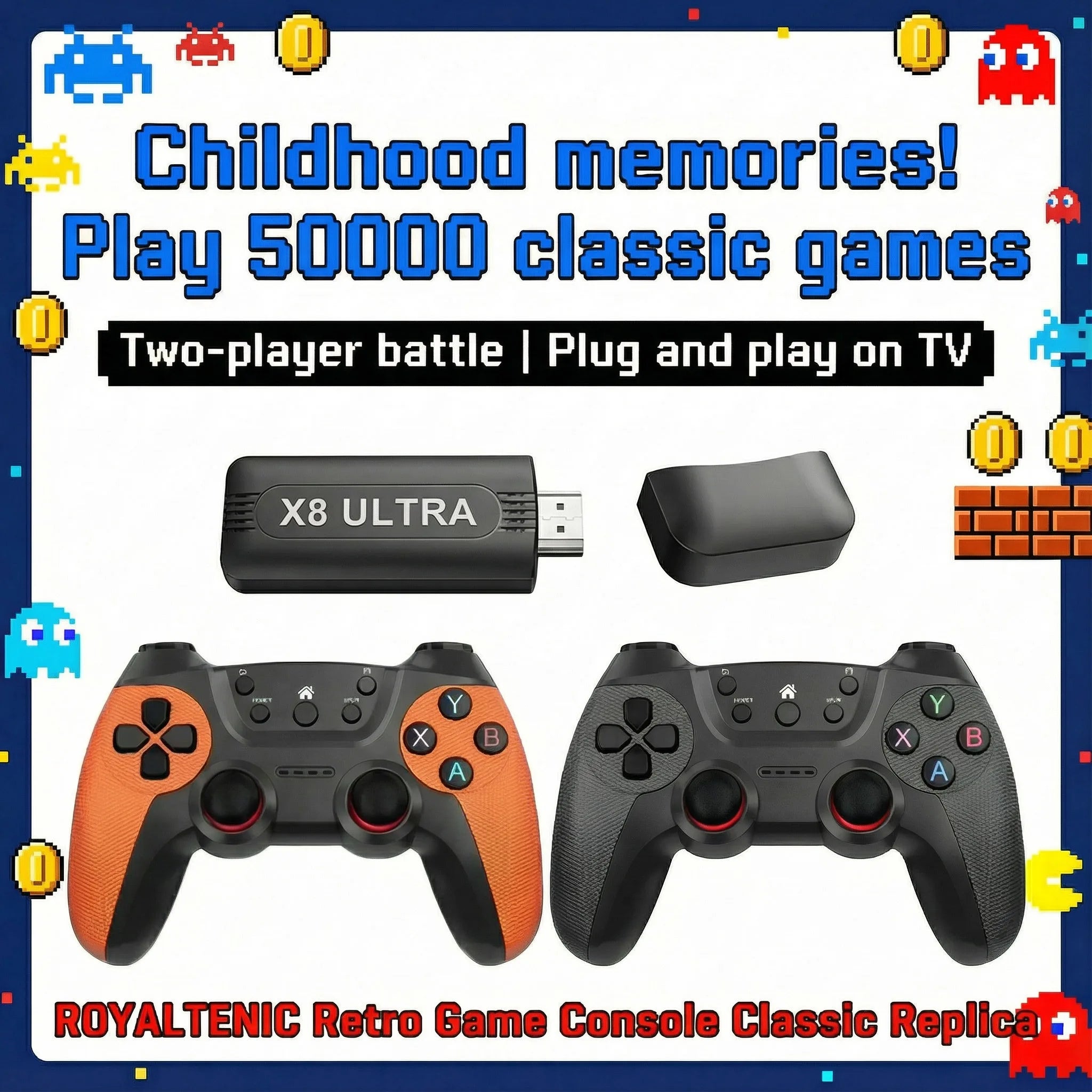 Stick de juego HD 4K X8 ULTRA de uso inmediato sin configuración compleja, dos mandos inalámbricos 2,4G incluidos, 50000 juegos de ocio precargados, salida HDMI para TV, regalo divertido para fiestas y reuniones de
