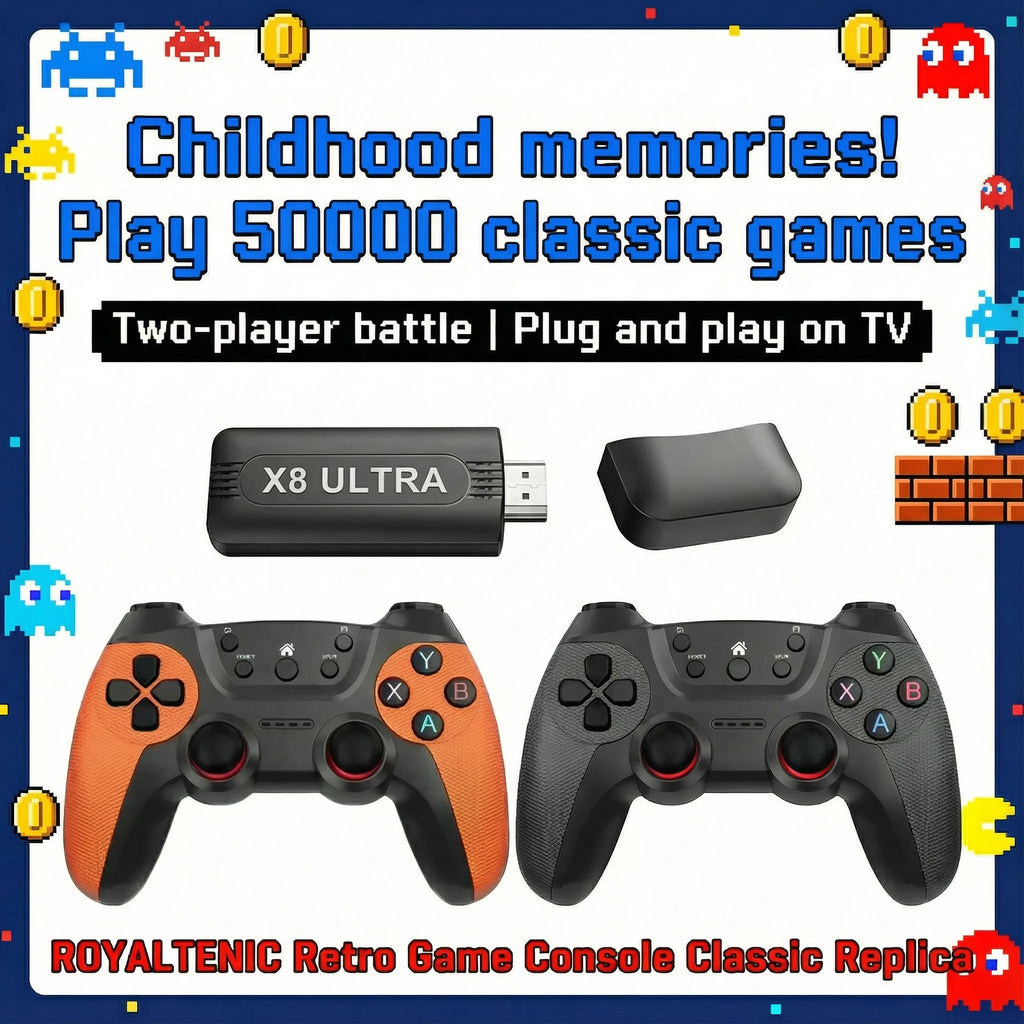 Stick de juego 4K X8 ULTRA compatible con dos jugadores al mismo tiempo, ampliable mediante tarjeta TF hasta 128GB, incluye mandos inalámbricos, 50000 juegos clásicos offline, regalo de entretenimiento para el hogar