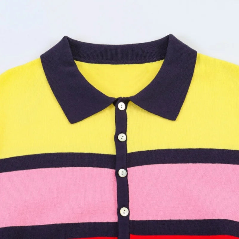 Camiseta Tipo Polo de Punto a Rayas Multicolor