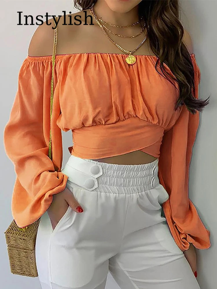 Blusa con Hombros Descubiertos y Lazo de Manga Larga