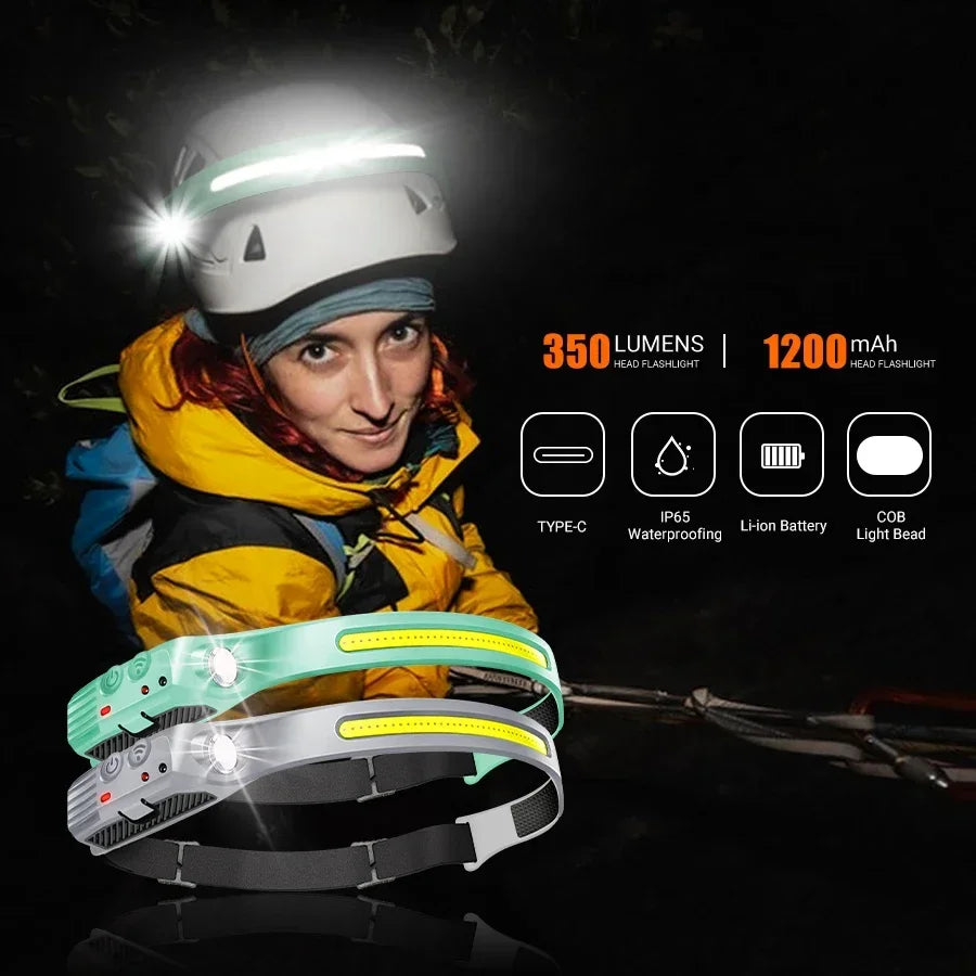 Linterna Frontal LED COB Recargable con Sensor de Movimiento, 5 Modos