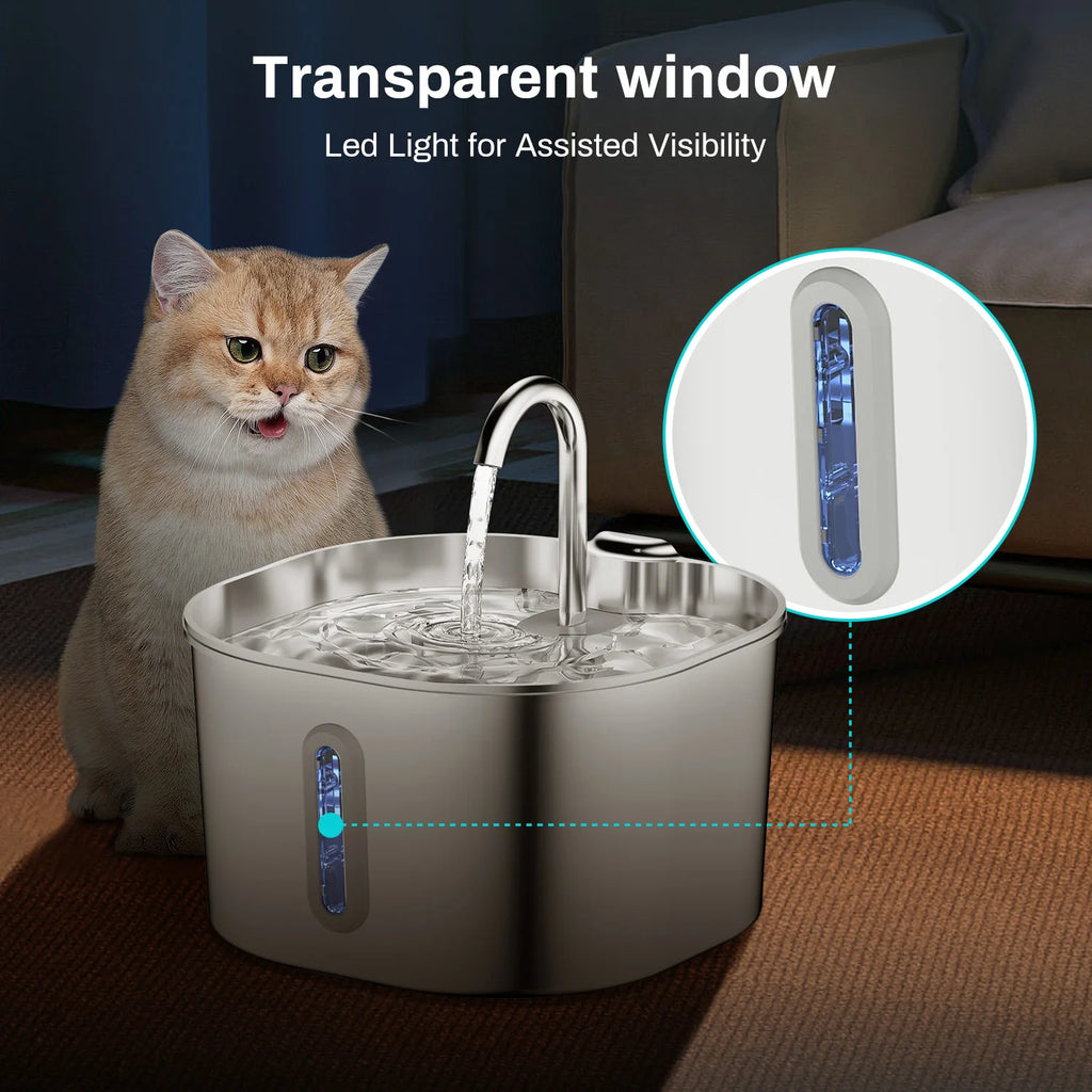 ZYFeeder-fuente de agua automático de 2,2 L, alimentador de agua para mascotas de acero inoxidable, tazón de bebida para gatos/perros, dispensador de agua silencioso con ventana